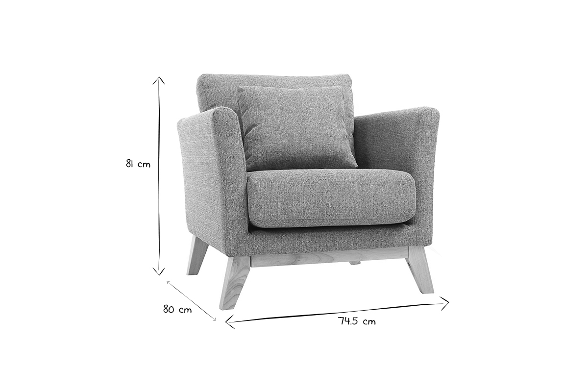 Dimensions du fauteuil OSLO, vue de face, en noir et blanc : L74.5 x P80 x H81 cm.