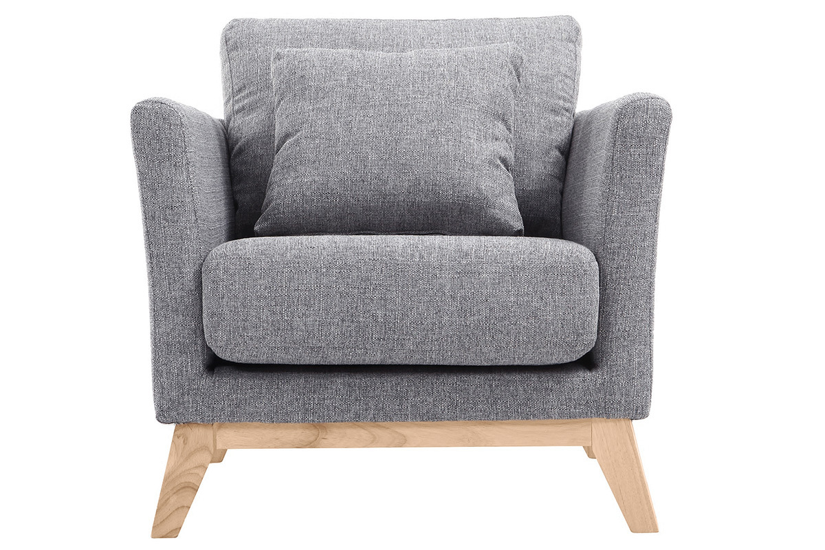 Fauteuil scandinave gris clair avec pi�tement en bois clair, vue de face.
