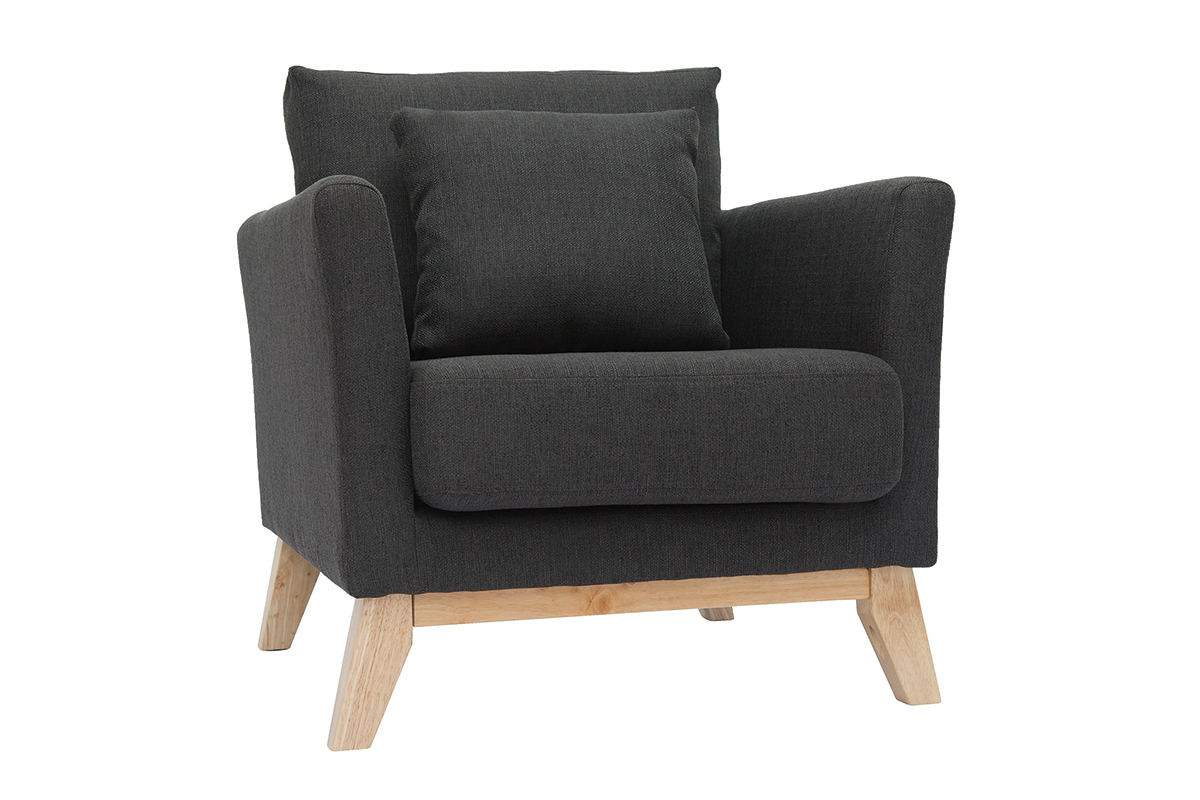 Fauteuil scandinave en tissu gris fonc� et bois clair, vue de 3/4.