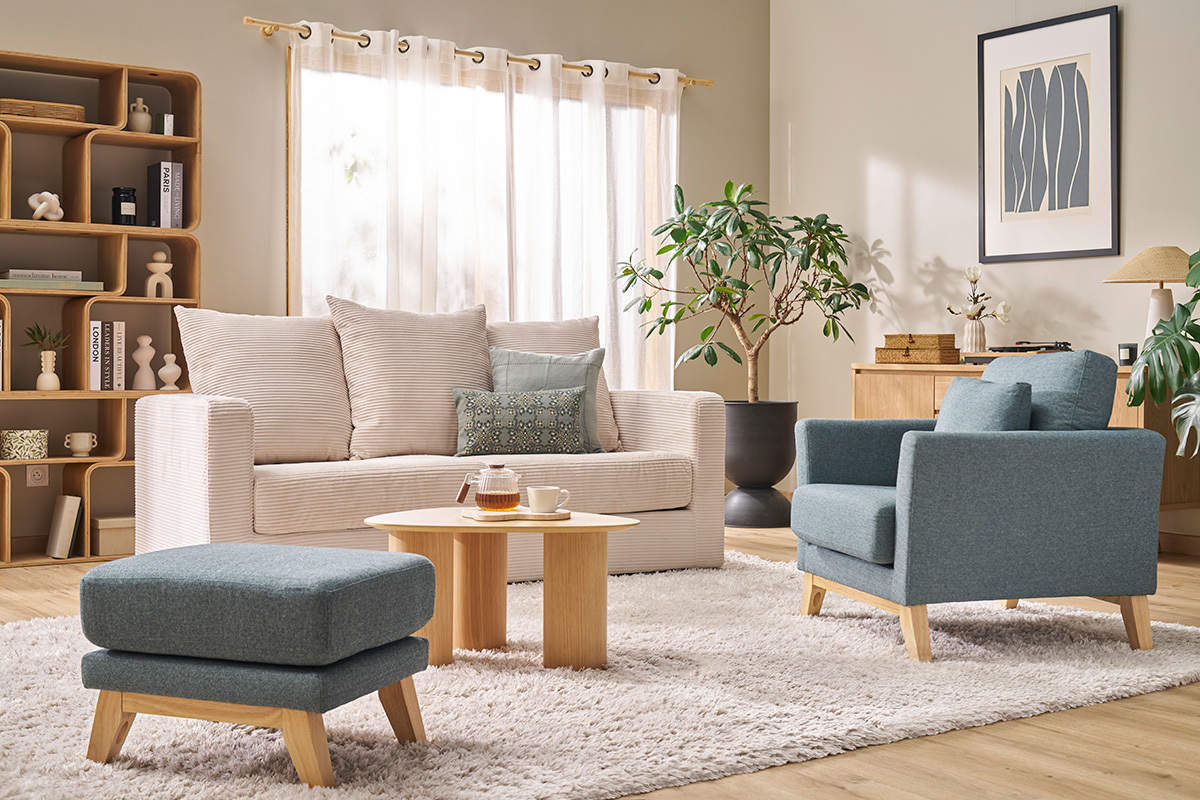 Fauteuil scandinave d�houssable en tissu vert de gris et bois clair OSLO