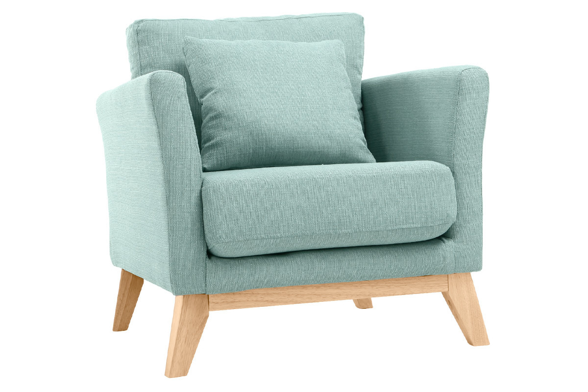 Fauteuil scandinave d�houssable en tissu vert lagon et bois clair OSLO