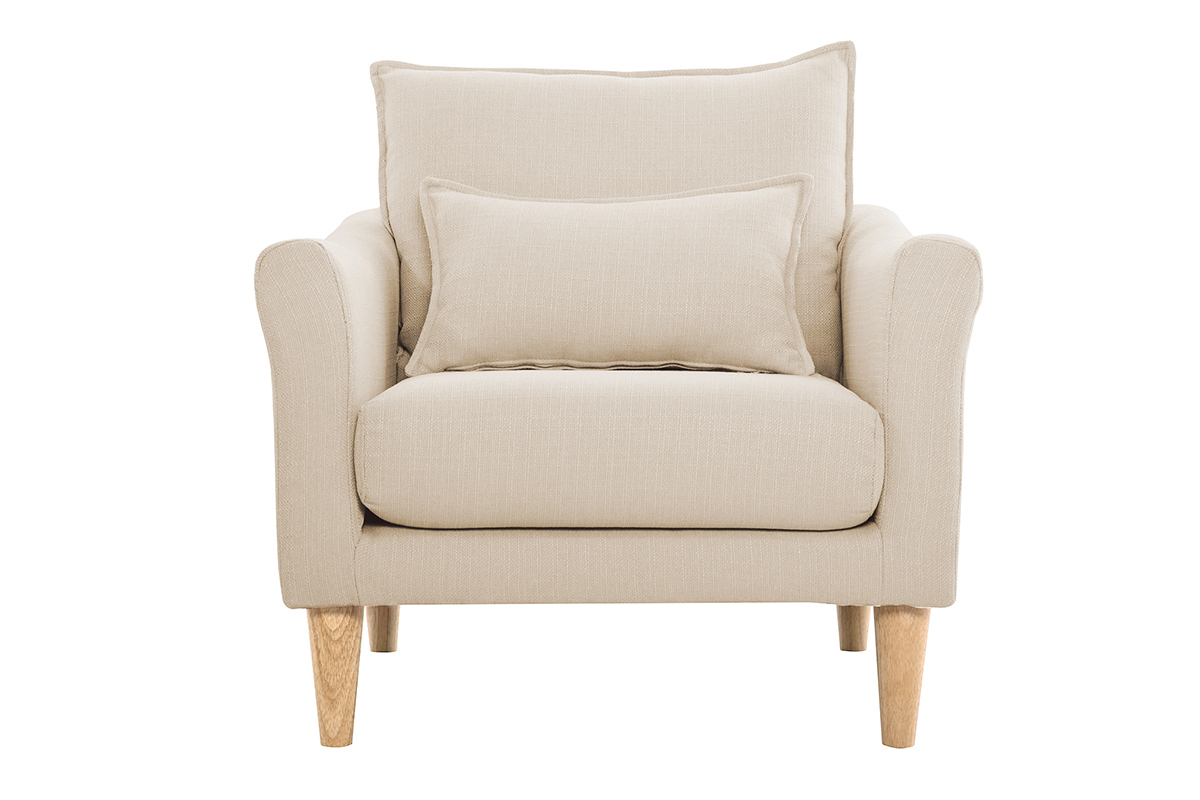 Fauteuil scandinave KATE en tissu beige, avec coussin, pi�tement en bois clair, vue de face.