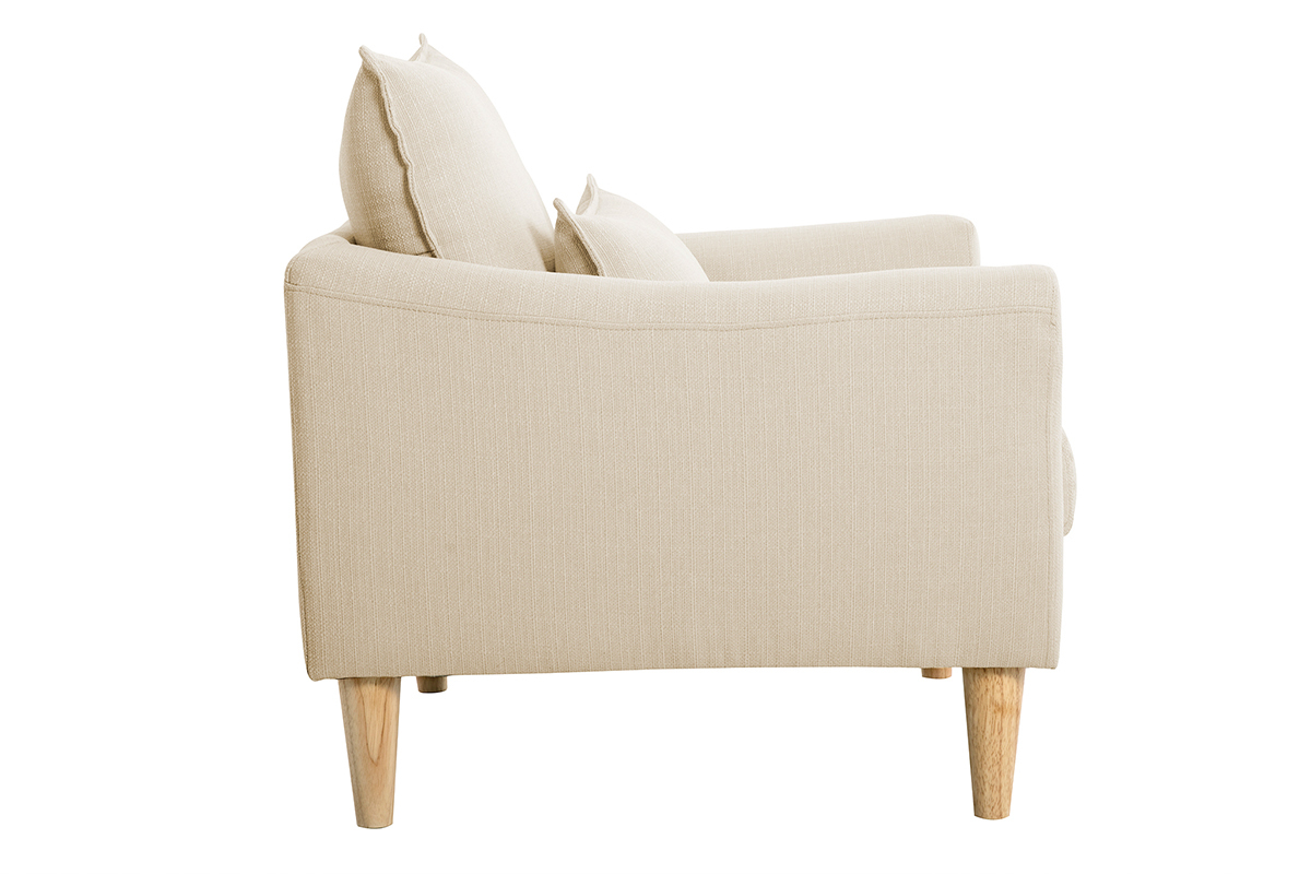 Fauteuil scandinave KATE en tissu beige avec coussins, vue de profil.