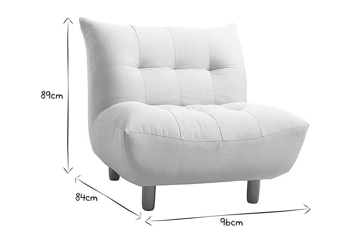 Dimensions du fauteuil scandinave YUMI en noir et blanc, 96 cm largeur, 84 cm profondeur, 89 cm hauteur.