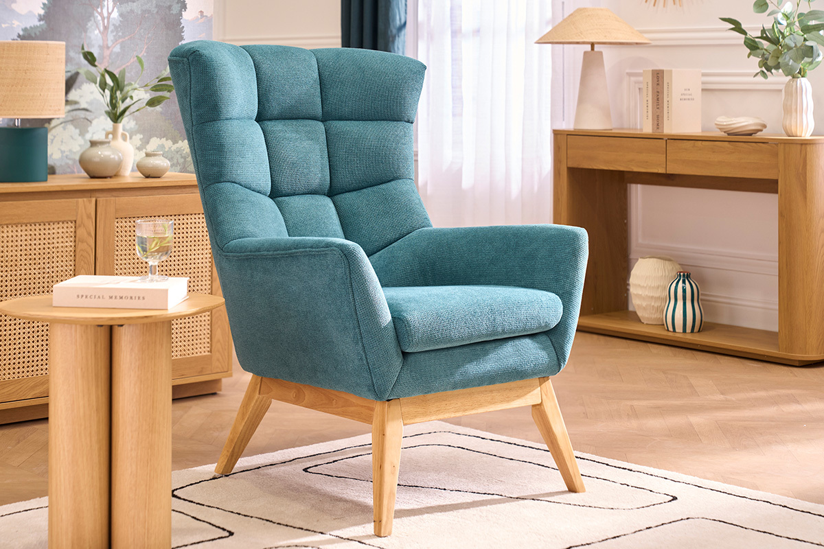 Fauteuil scandinave en tissu chenille bleu canard et bois clair BRODY