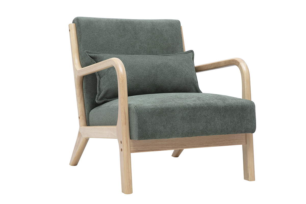 Fauteuil scandinave DERRY en tissu chenille vert kaki avec coussin, bois clair massif, vue de 3/4.