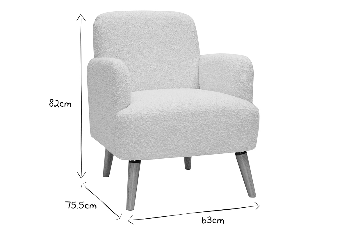 Fauteuil scandinave en tissu effet laine boucl�e blanc cass� et bois clair ISKO