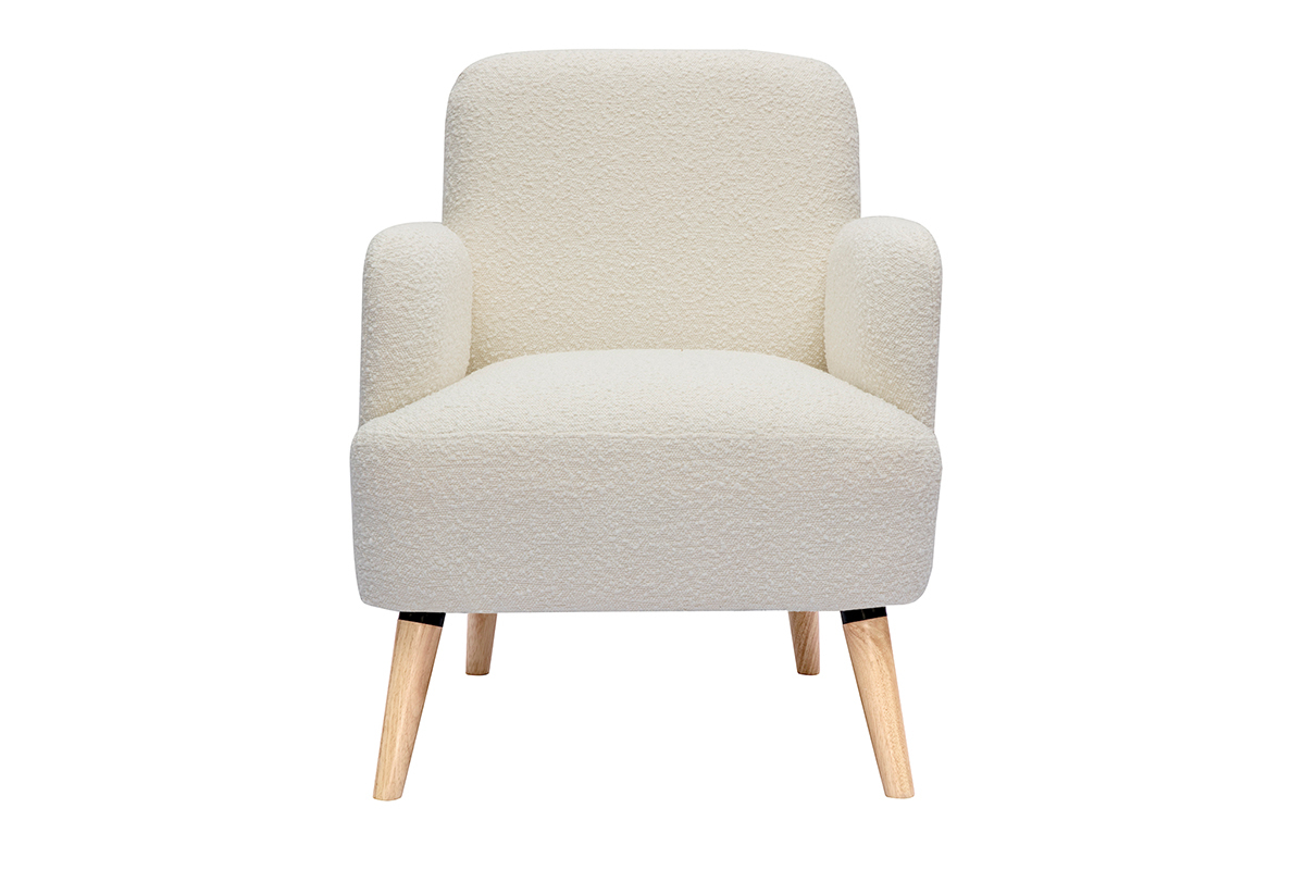 Fauteuil scandinave en tissu effet laine boucl�e blanc cass� et bois clair ISKO