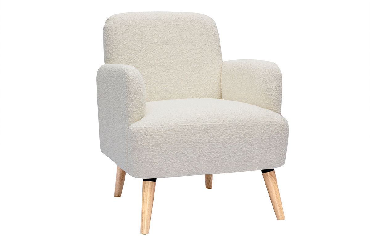 Fauteuil scandinave en tissu effet laine boucl�e blanc cass� et bois clair ISKO