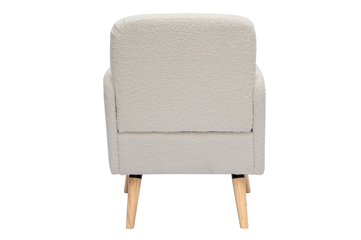 Fauteuil scandinave en tissu effet laine boucl�e blanc cass� et bois clair ISKO