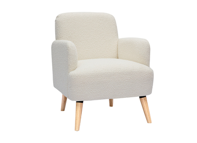 Fauteuil scandinave en tissu effet laine boucl&eacute;e blanc cass&eacute; et bois clair ISKO