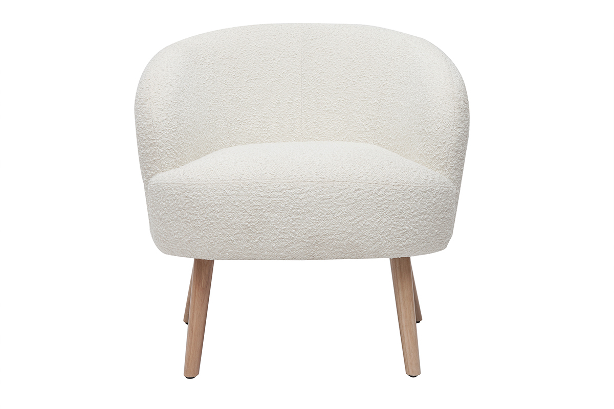 Fauteuil scandinave en tissu effet laine boucl�e blanc cass� et bois clair MAGGIE