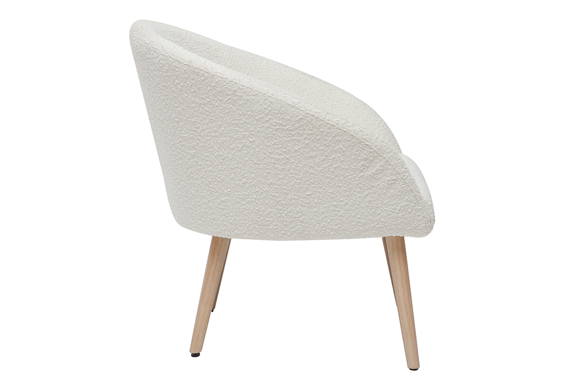 Fauteuil scandinave en tissu effet laine boucl�e blanc cass� et bois clair OLIVIA