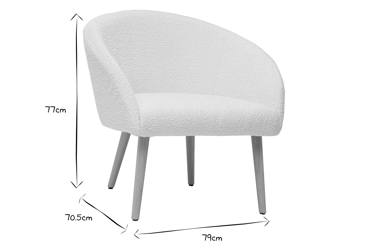 Fauteuil scandinave en tissu effet laine boucl�e blanc cass� et bois clair OLIVIA