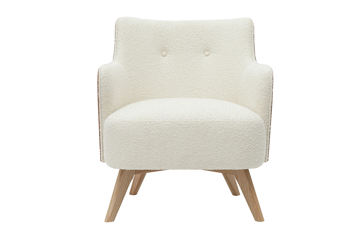 Fauteuil scandinave en tissu effet laine boucl�e blanc cass� et bois clair VALMY
