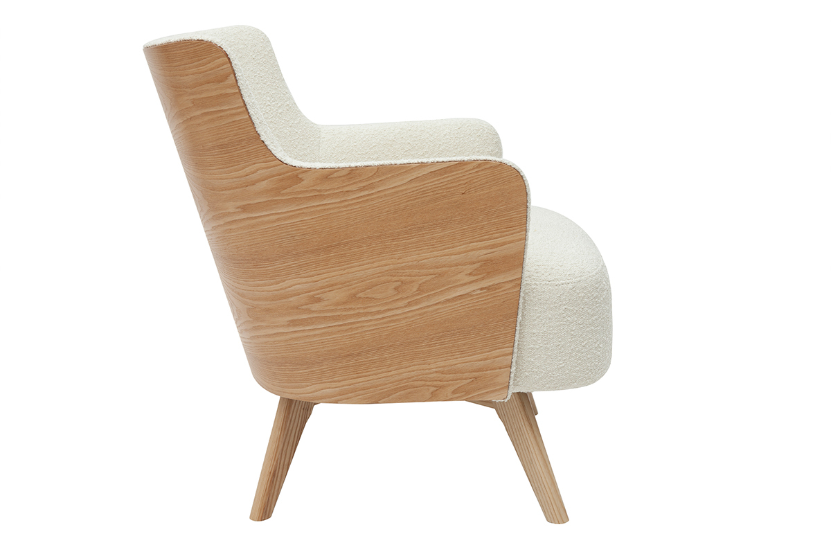 Fauteuil scandinave en tissu effet laine boucl�e blanc cass� et bois clair VALMY