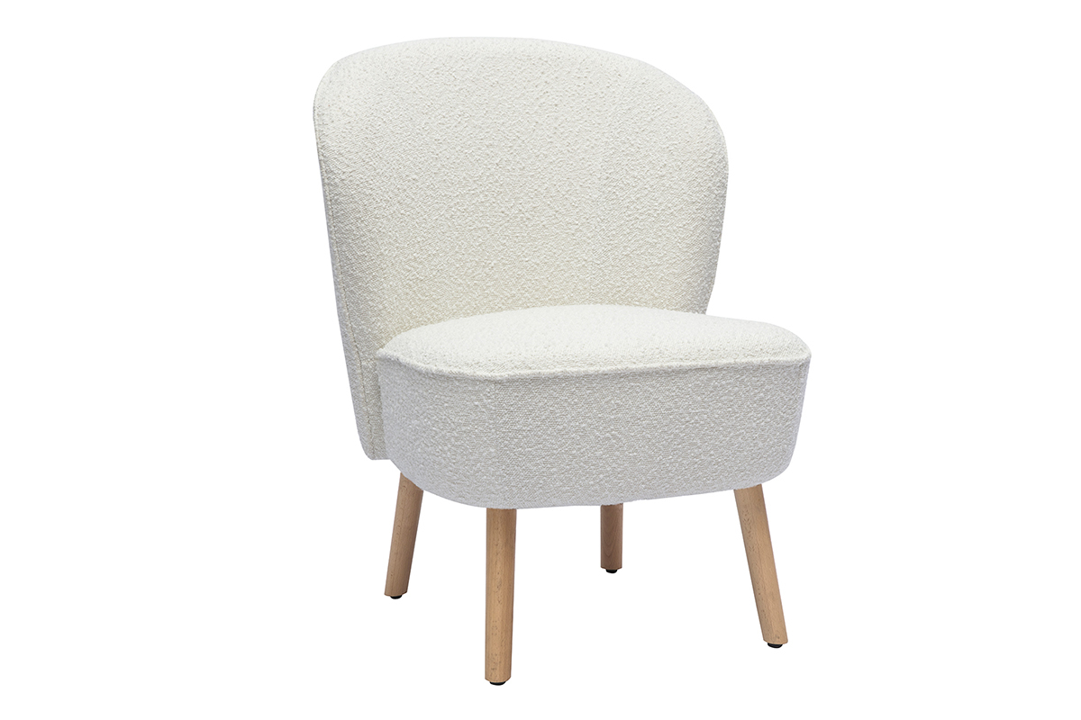Fauteuil scandinave en tissu effet laine boucl�e blanc et bois clair AMANITA