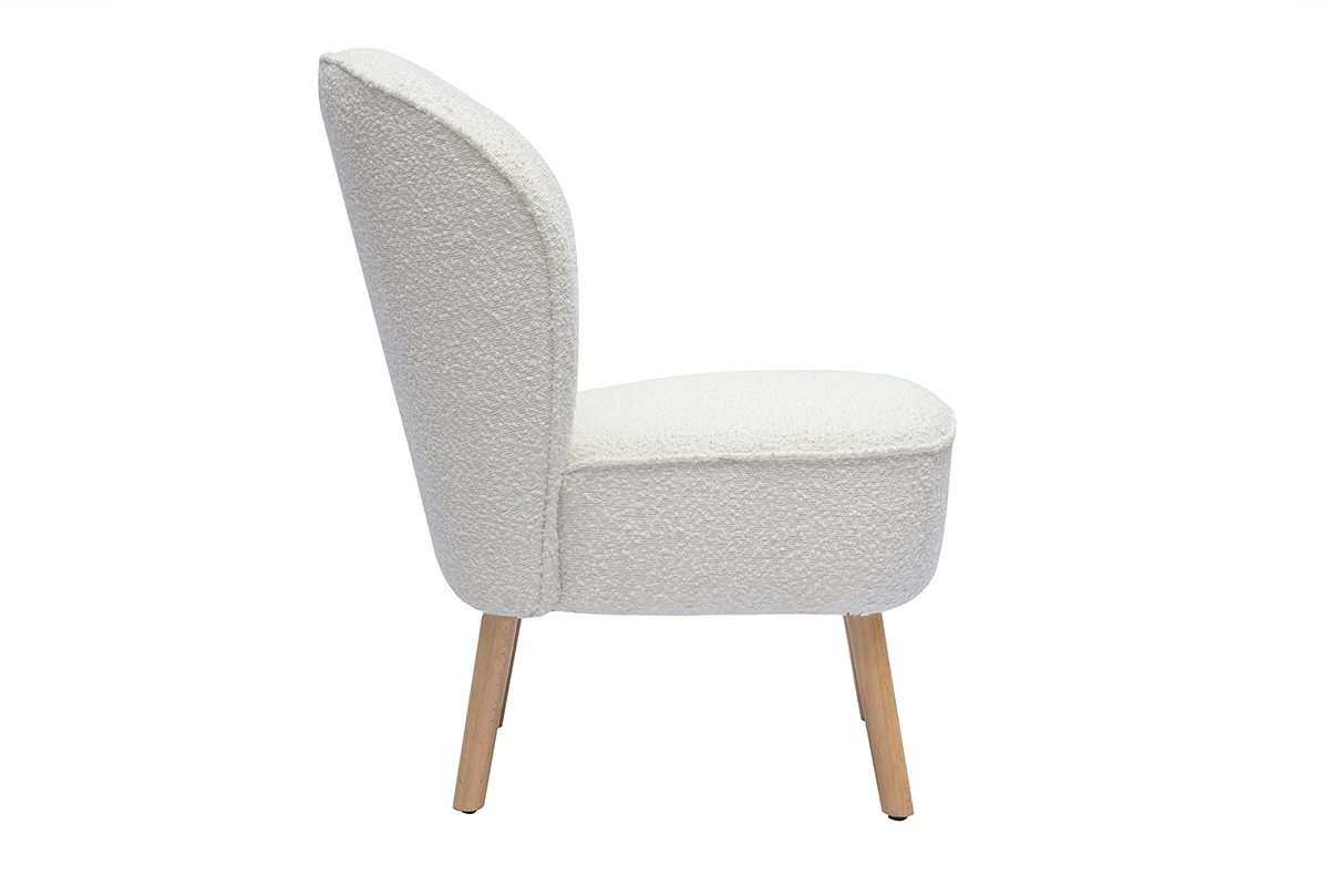 Fauteuil scandinave en tissu effet laine boucl�e blanc et bois clair AMANITA