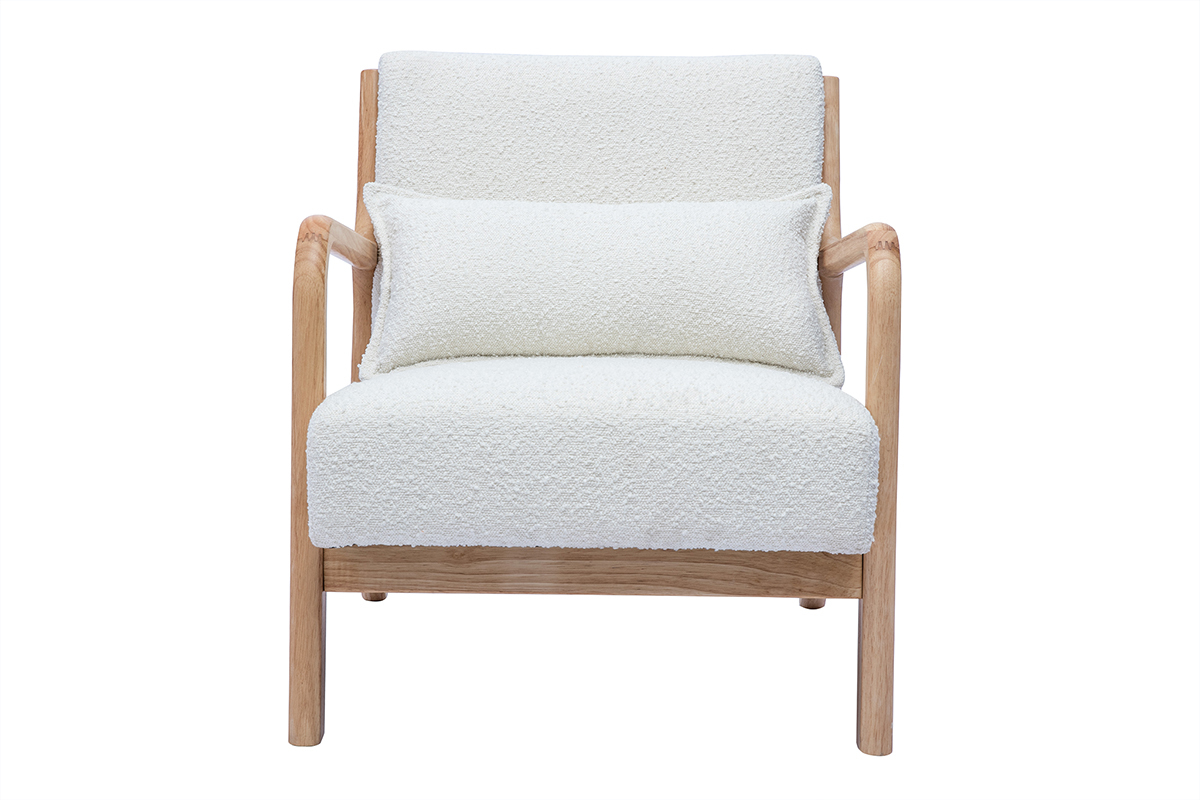 Fauteuil scandinave en tissu effet laine boucl�e blanc et bois clair massif DERRY