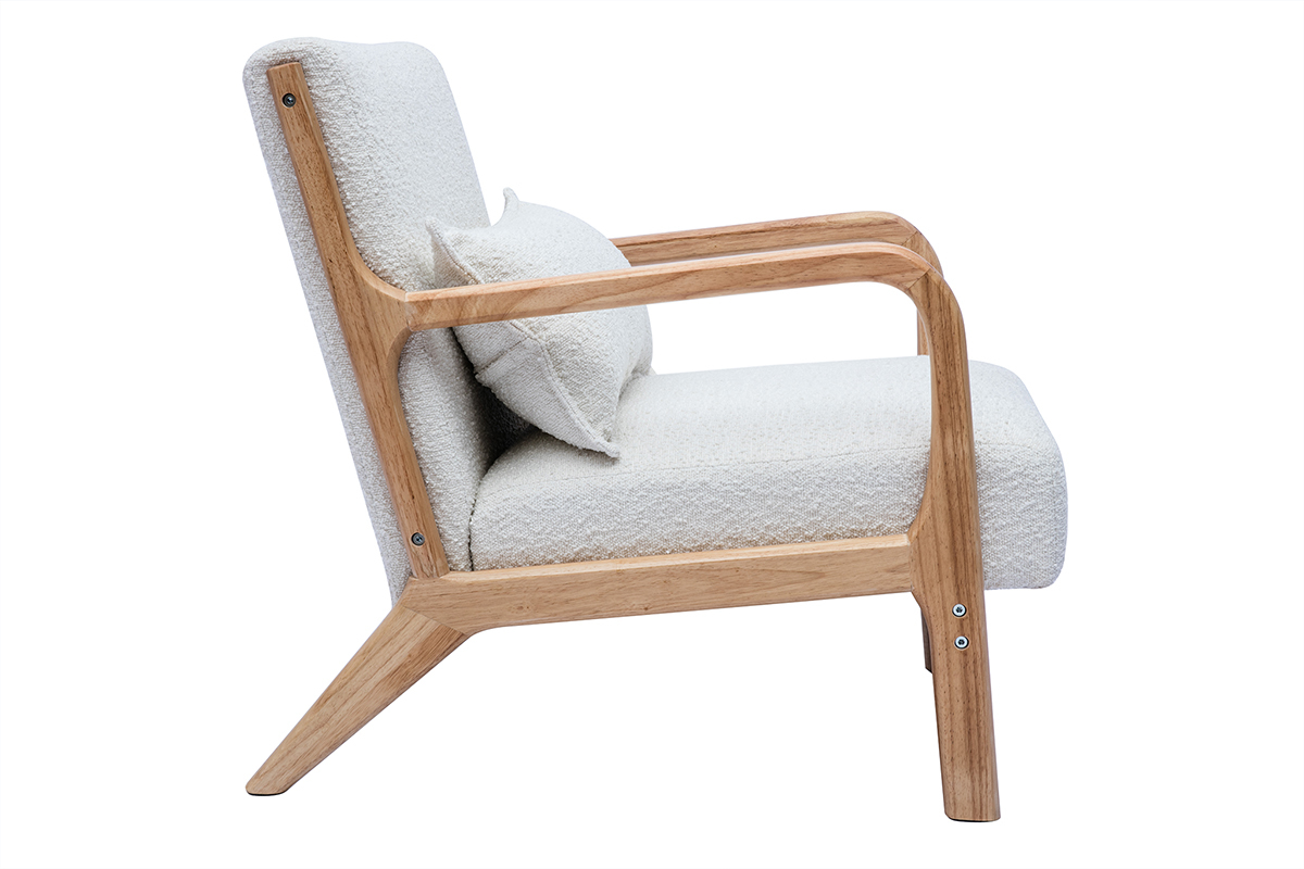 Fauteuil scandinave en tissu effet laine boucl�e blanc et bois clair massif DERRY
