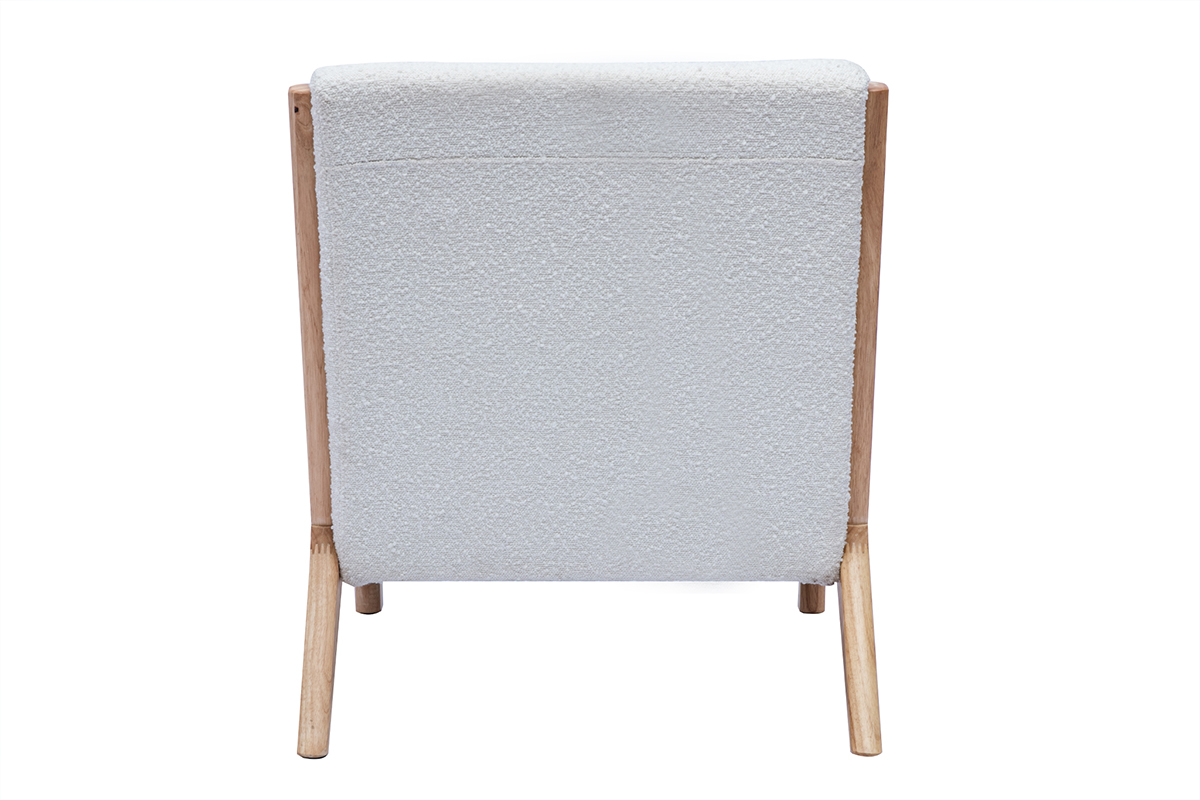 Fauteuil scandinave en tissu effet laine boucl�e blanc et bois clair massif DERRY