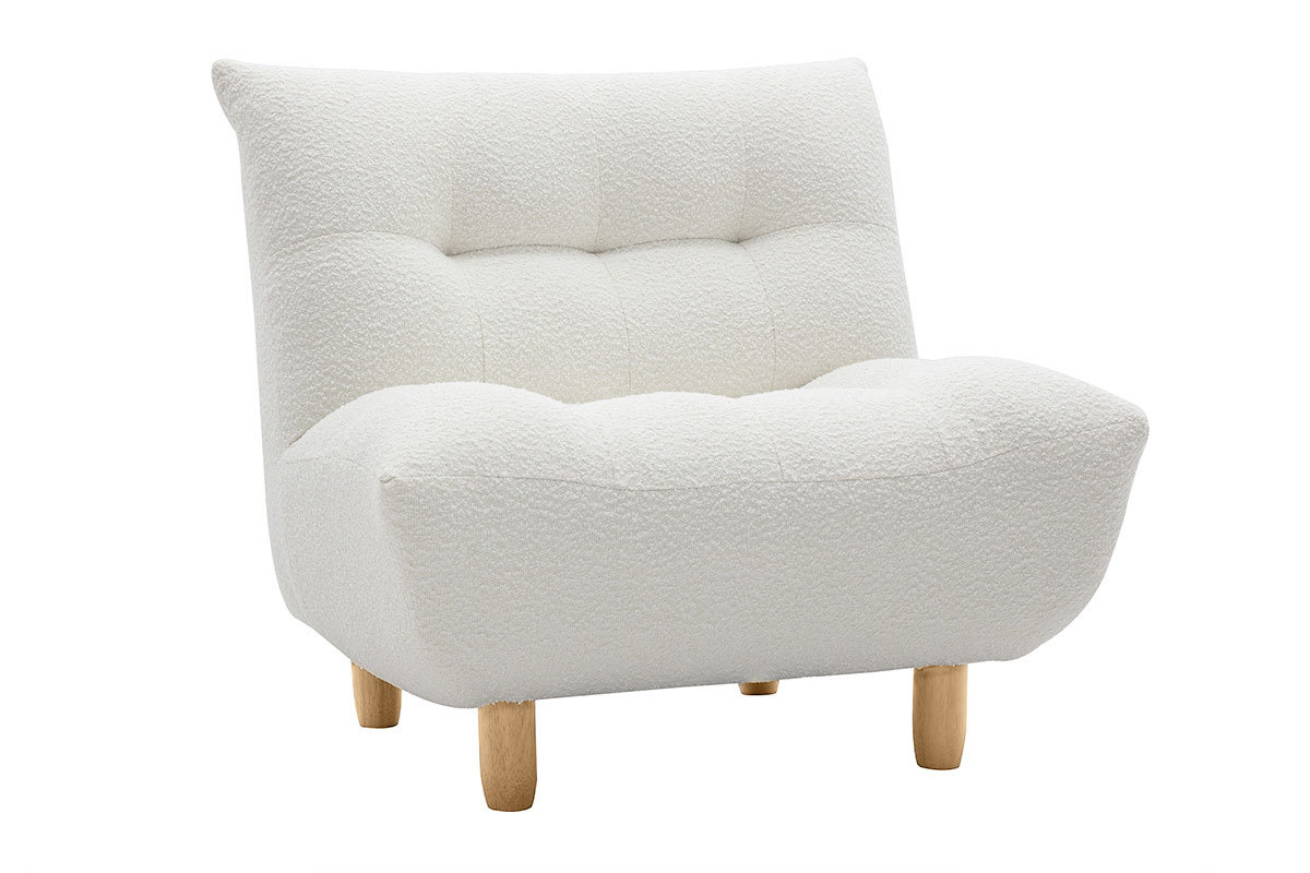 Fauteuil scandinave en tissu effet laine boucl�e blanc et bois clair YUMI