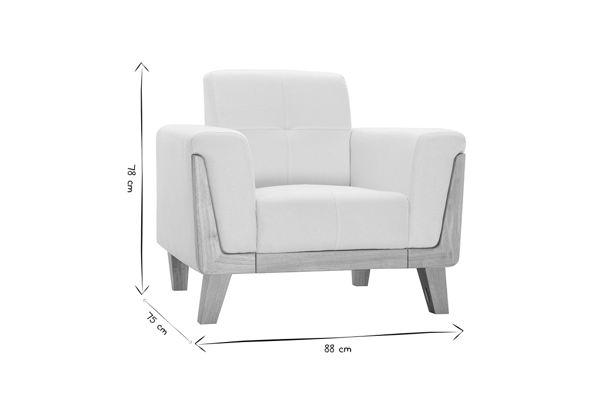 Fauteuil scandinave en tissu effet velours blanc cass� et bois clair FJORD