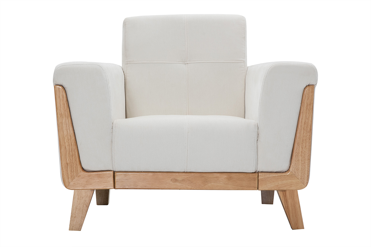 Fauteuil scandinave en tissu effet velours blanc cass� et bois clair FJORD