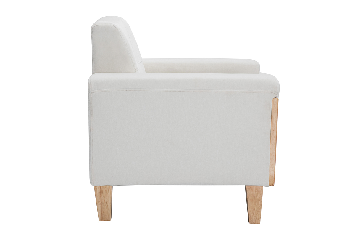 Fauteuil scandinave en tissu effet velours blanc cass� et bois clair FJORD