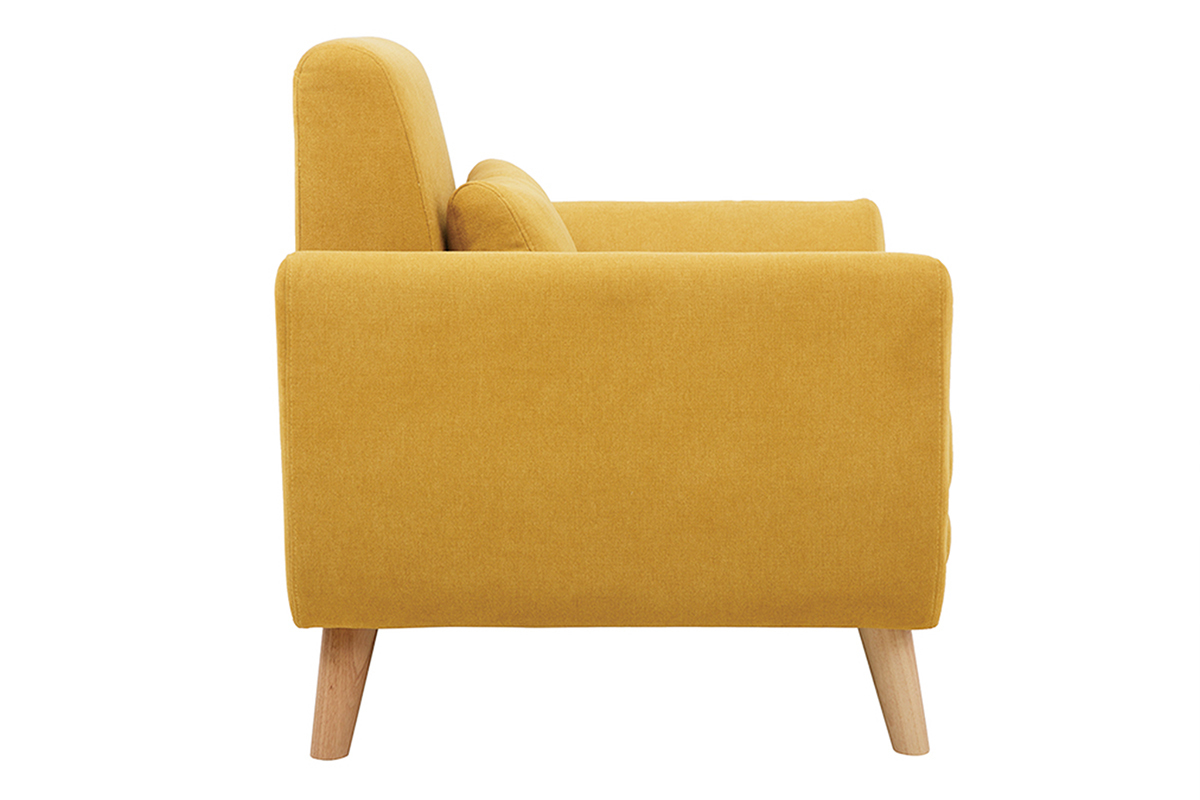 Fauteuil scandinave EKTOR en tissu jaune moutarde, vue de profil, avec pi�tement en bois clair.