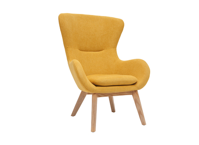 Fauteuil scandinave en tissu effet velours jaune moutarde et bois ESKUA
