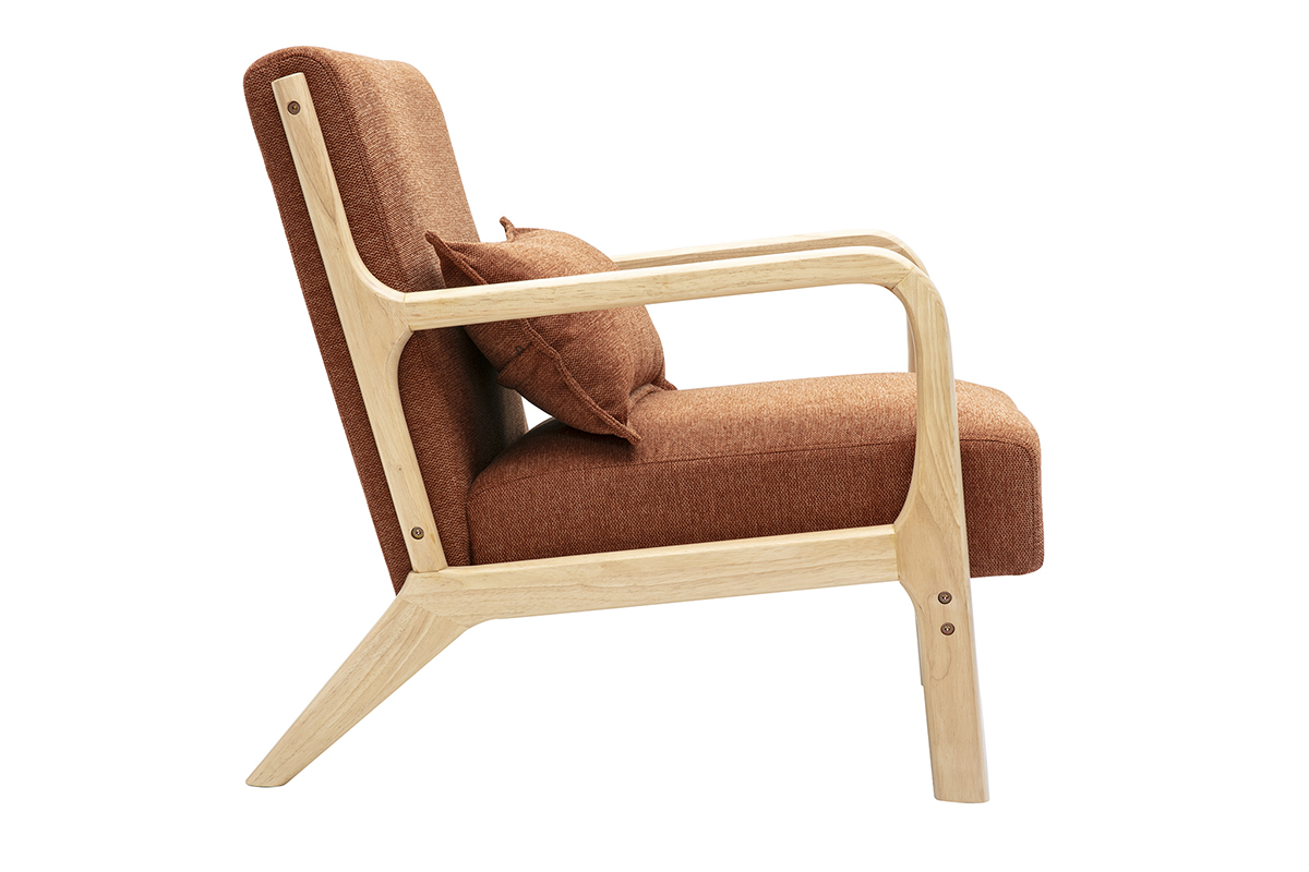 Fauteuil DERRY en tissu terre br�l�e et bois clair, vue de c�t�.