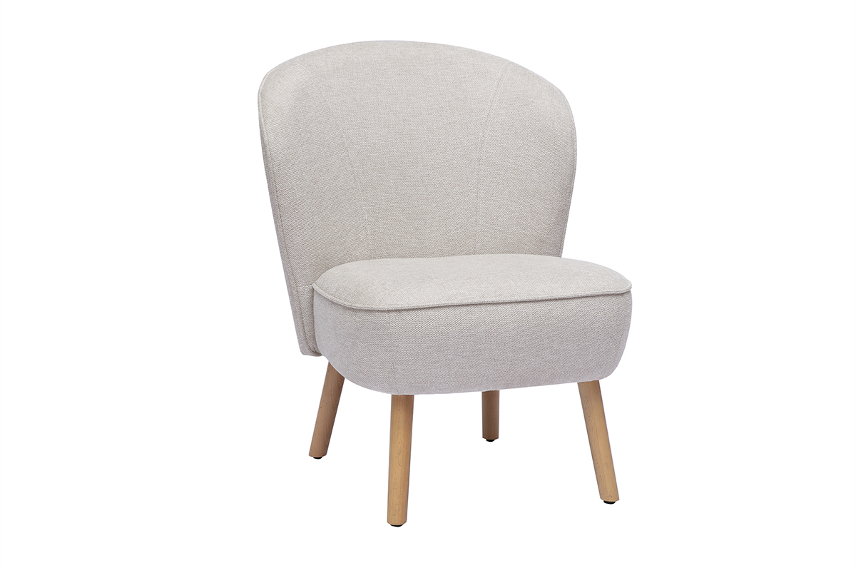 Fauteuil scandinave en tissu effet velours textur� beige et bois clair AMANITA