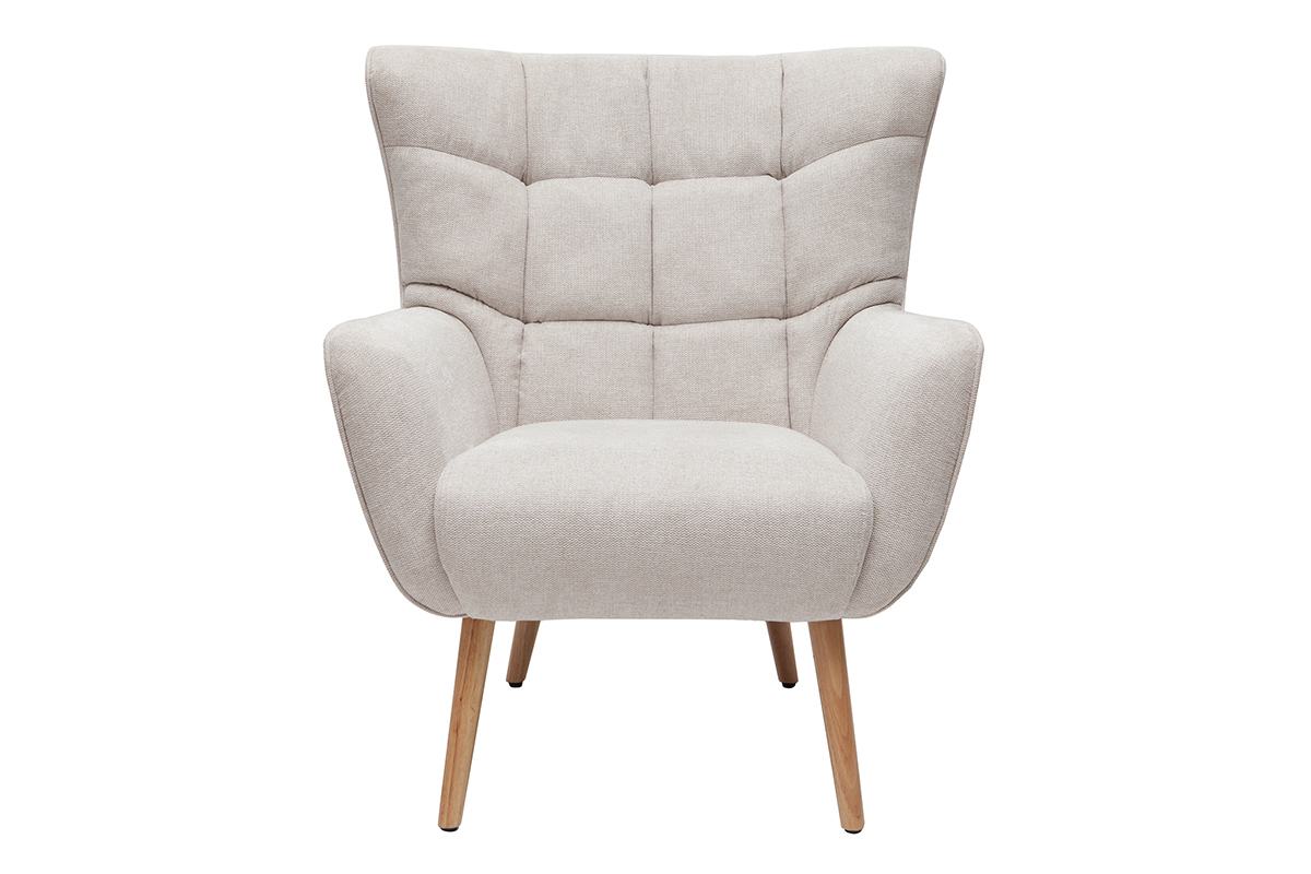 Fauteuil scandinave en tissu effet velours textur� beige et bois clair AVERY