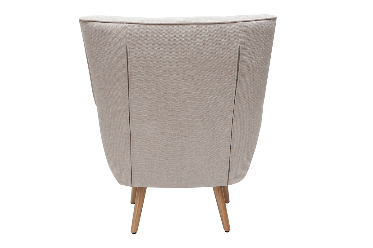 Fauteuil scandinave en tissu effet velours textur� beige et bois clair AVERY