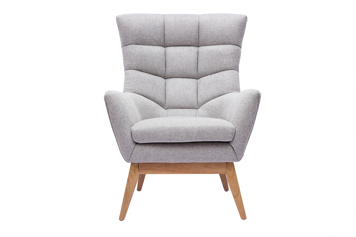Fauteuil scandinave en tissu effet velours textur� gris clair et bois clair BRODY