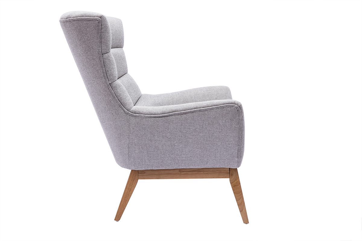 Fauteuil scandinave en tissu effet velours textur� gris clair et bois clair BRODY