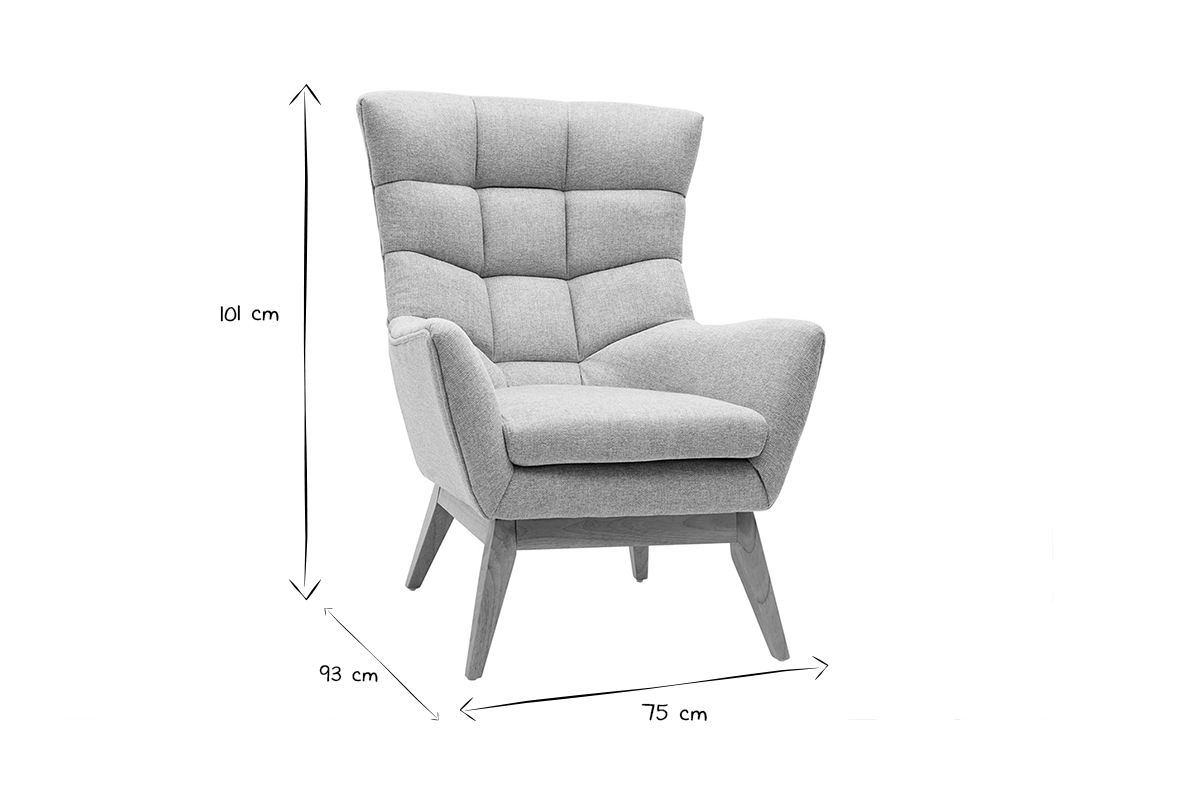 Fauteuil scandinave en tissu effet velours textur� gris clair et bois clair BRODY