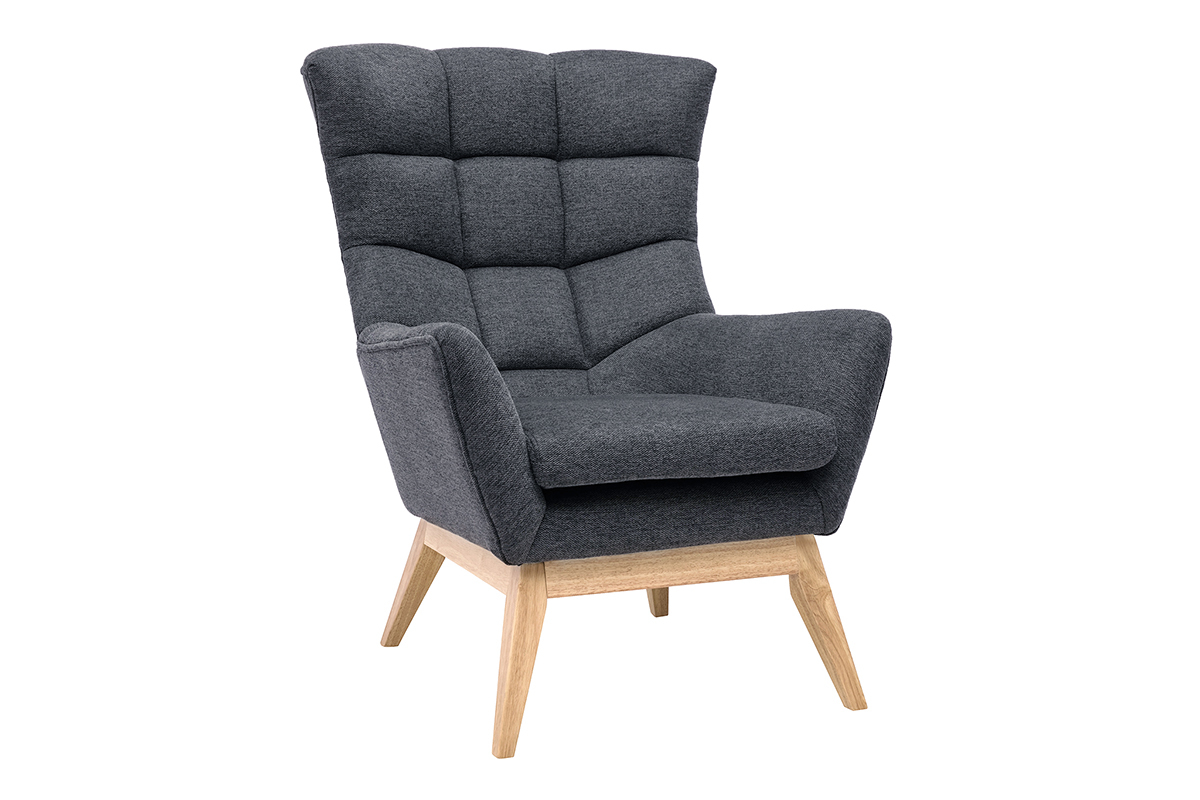 Fauteuil scandinave en tissu effet velours textur� gris fonc� et bois clair BRODY