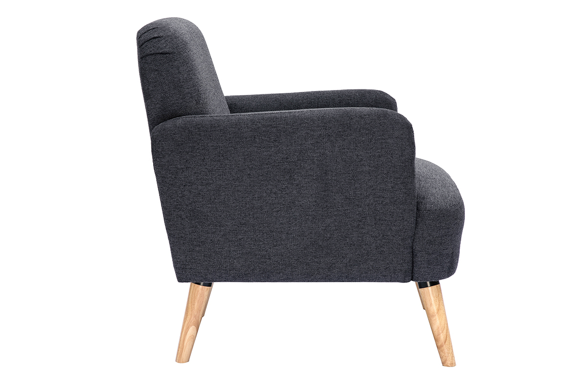 Fauteuil scandinave en tissu effet velours textur� gris fonc� et bois clair ISKO