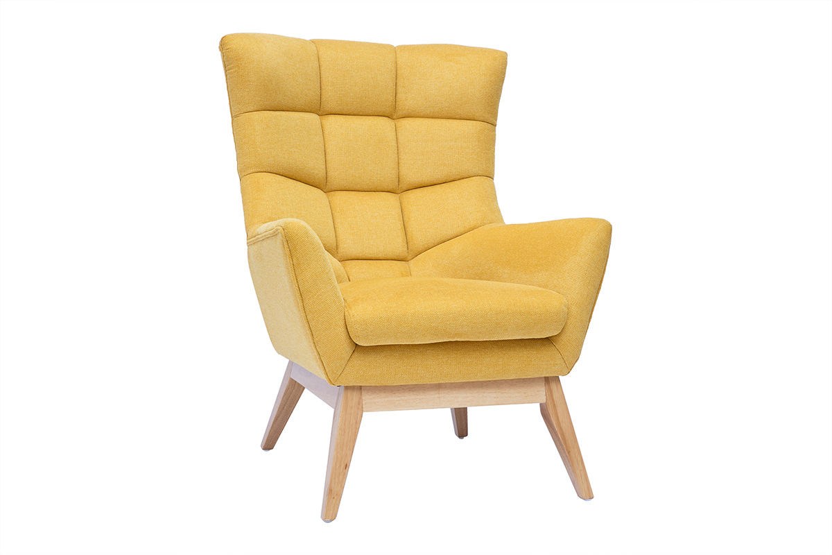 Fauteuil scandinave en tissu effet velours textur� jaune moutarde et bois clair BRODY
