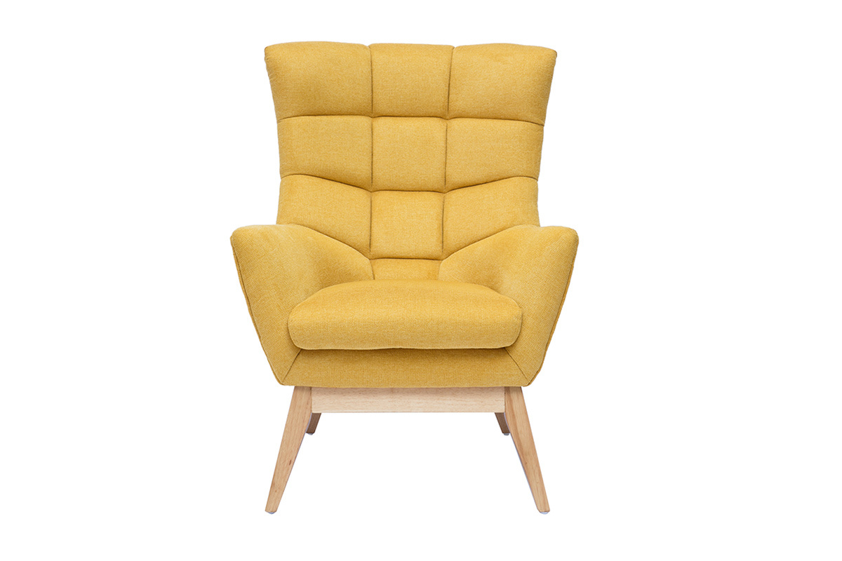 Fauteuil scandinave en tissu effet velours textur� jaune moutarde et bois clair BRODY