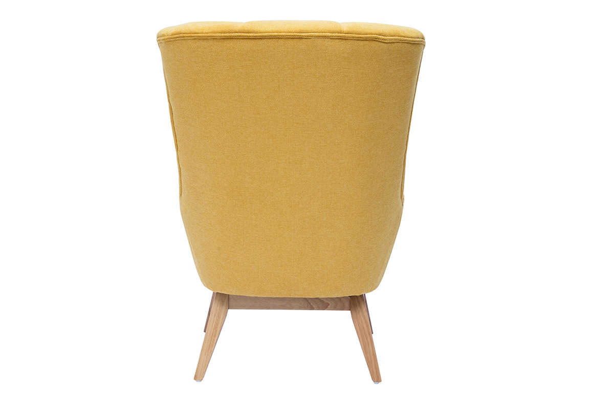 Fauteuil scandinave en tissu effet velours textur� jaune moutarde et bois clair BRODY