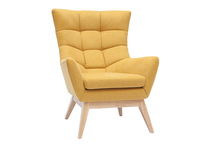Fauteuil scandinave en tissu effet velours textur&eacute; jaune moutarde et bois clair BRODY