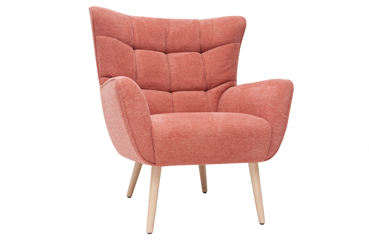 Fauteuil scandinave en tissu effet velours textur� terracotta et bois clair AVERY