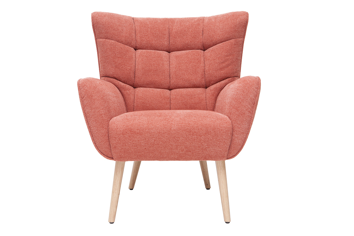 Fauteuil scandinave en tissu effet velours textur� terracotta et bois clair AVERY