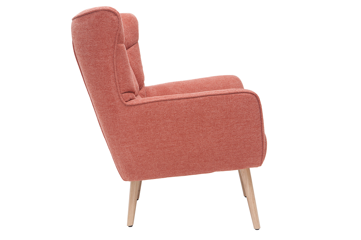 Fauteuil scandinave en tissu effet velours textur� terracotta et bois clair AVERY