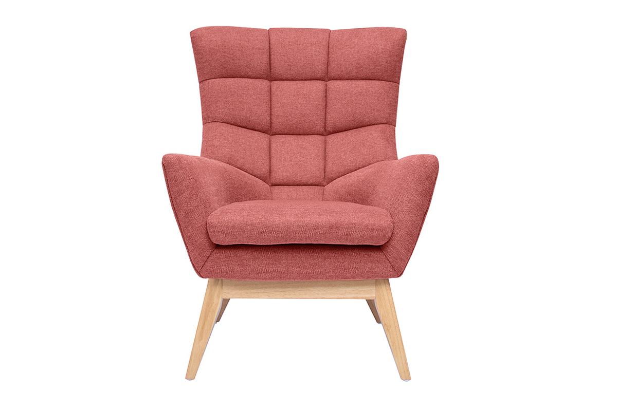 Fauteuil scandinave en tissu effet velours textur� terracotta et bois clair BRODY