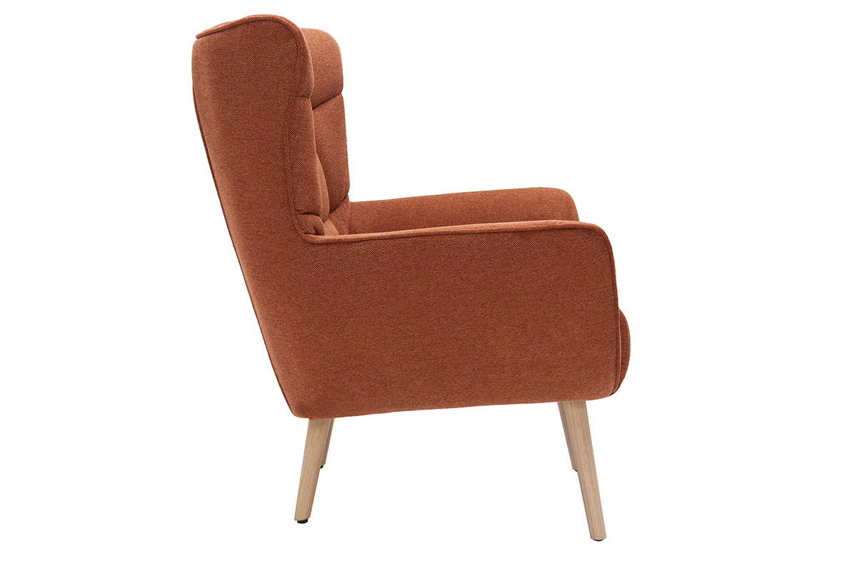 Fauteuil scandinave en tissu effet velours textur� terre br�l�e et bois clair AVERY