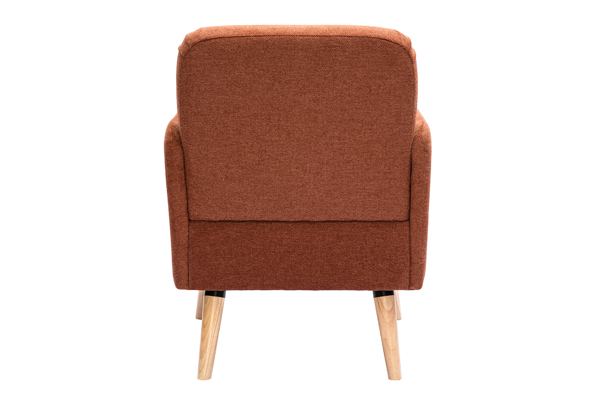 Fauteuil scandinave en tissu terre br�l�e, vue arri�re, pieds en bois clair.